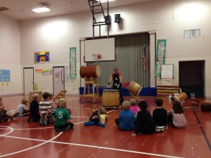 Stuart Paton of Burlington Taiko during a lecture and demonstration at Maple Avenue School.